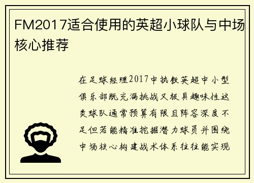 FM2017适合使用的英超小球队与中场核心推荐